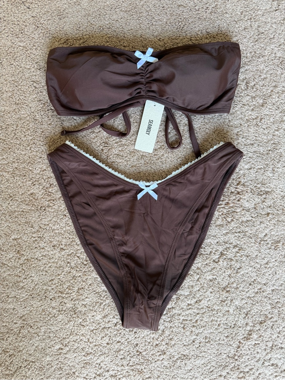 Seamoly Brown Bandeau Bikini Set with Bow Detail Coquette Y2K Style